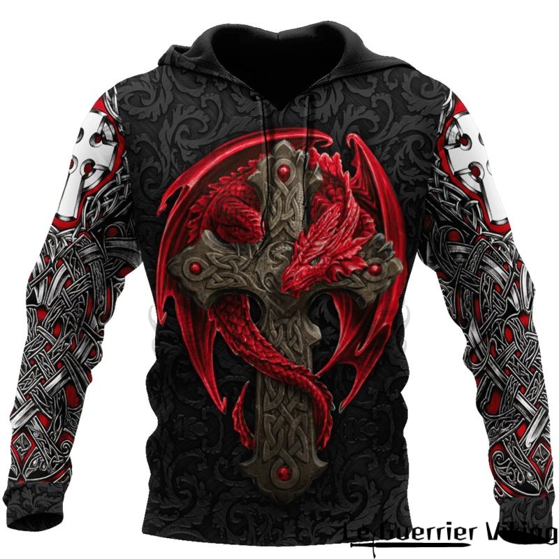 Sweat-shirt viking rouge et noir avec dragon celtique